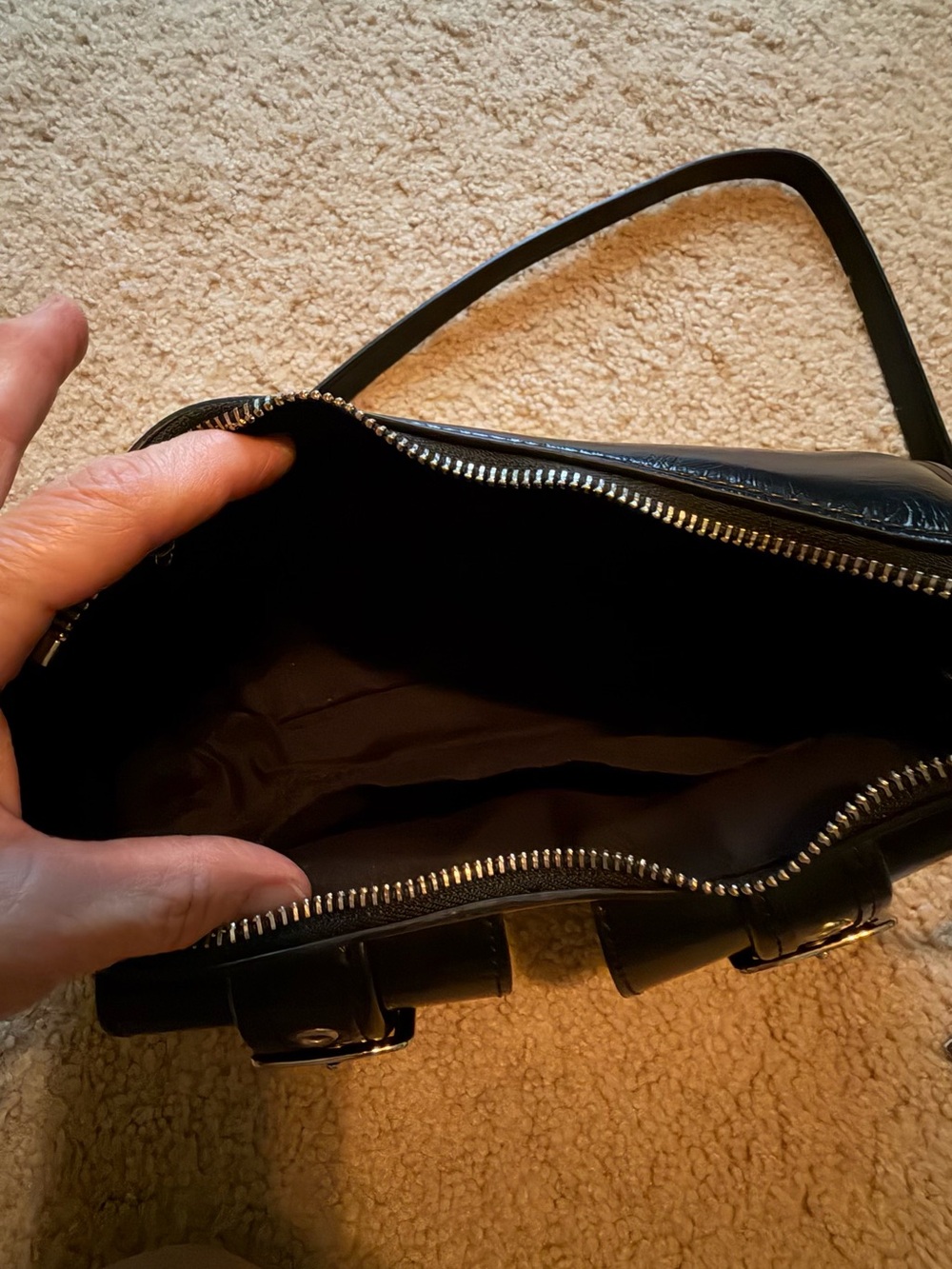 Black Leather Shoulder Bag with Buckle Pockets - Picture 3 of 3
